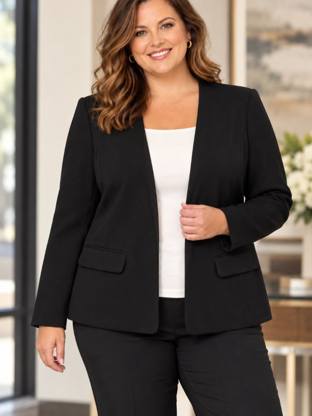 Talbots Women’s 18 Black Open Front Collarless Blazer Jacket Flap Pockets Career